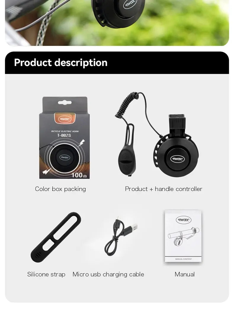 TWOOC Bicycle Electronic Horn Volume Adjustment 4 Kinds of Classic Cingtones Rechargeable 100dB Not Harsh Road Mountain Bike