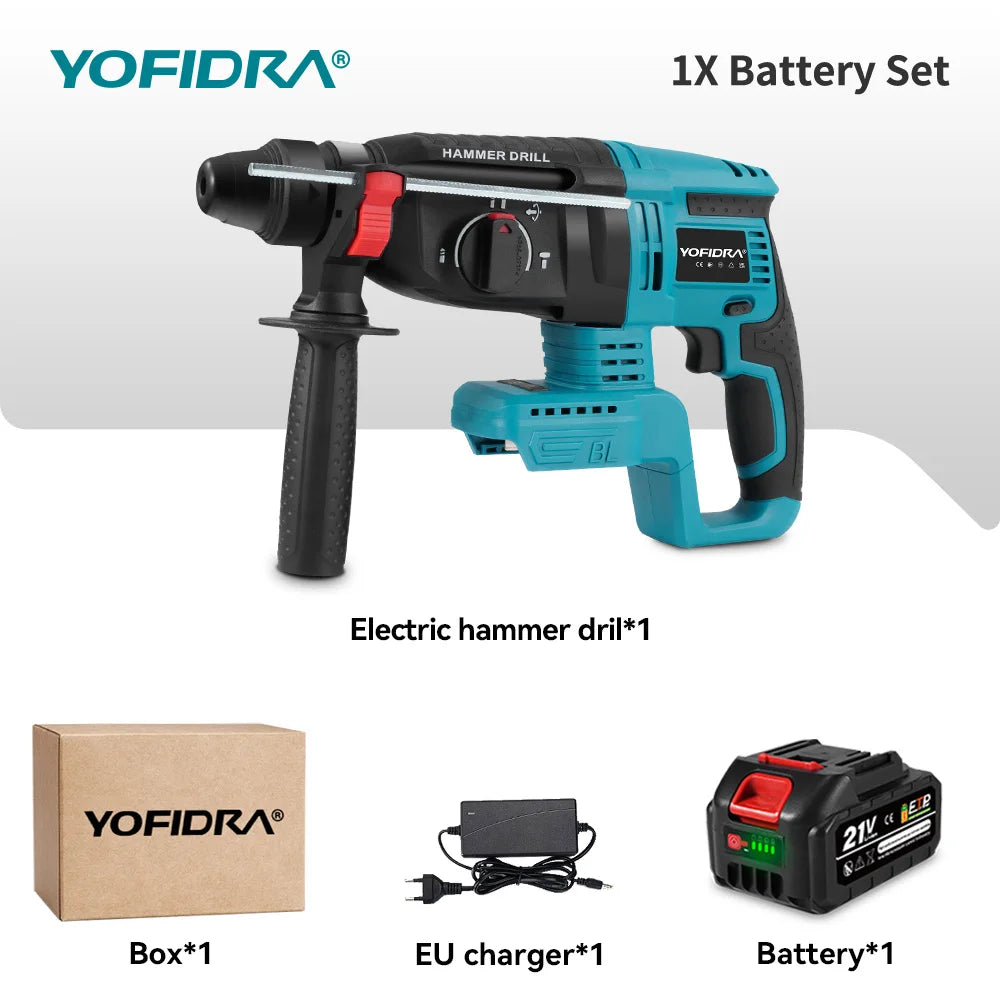 YOFIDRA Brushless Electric Hammer Impact Drill 26MM Cordless Woodworking Impact Drill Power Tools Set For Makita 18V Battery Pin