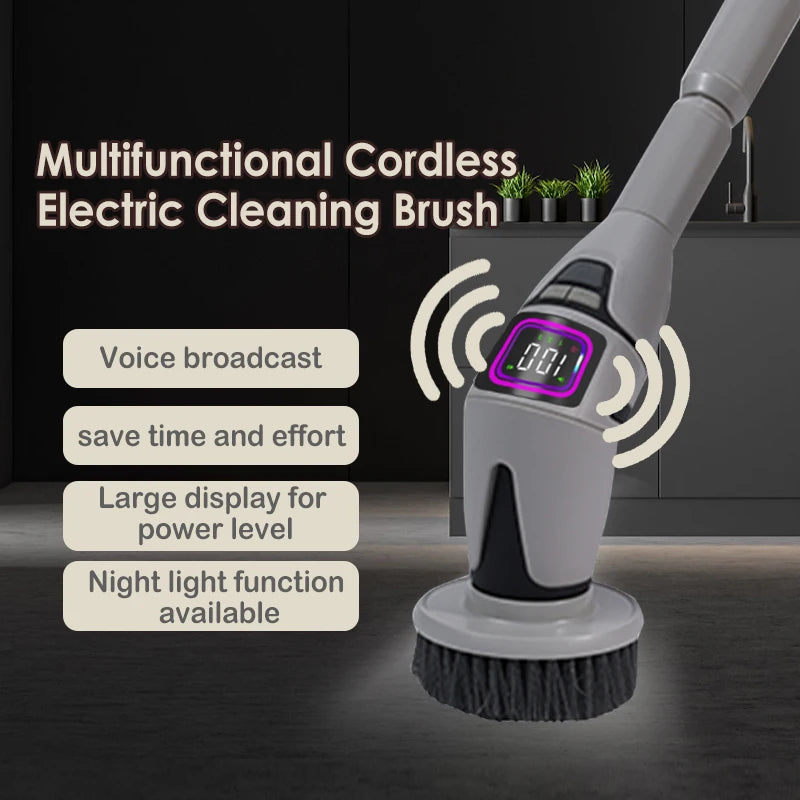 Rechargeable Electric Spin Scrubber, 3 Speed Settings, with Extendable Handle and Voice Prompts, for Whole House Clean