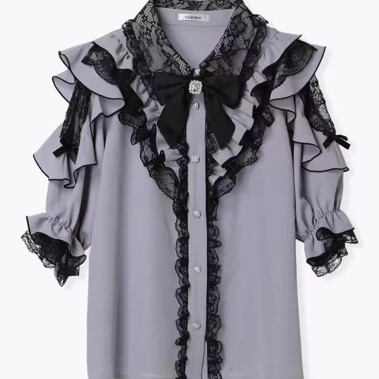 Women Japanese Sweet Lolita Blouses Summer Elegant Bow Off Shoulder JK Shirt Female Gothic Hot Girls Casual Lace Ruffles Tops
