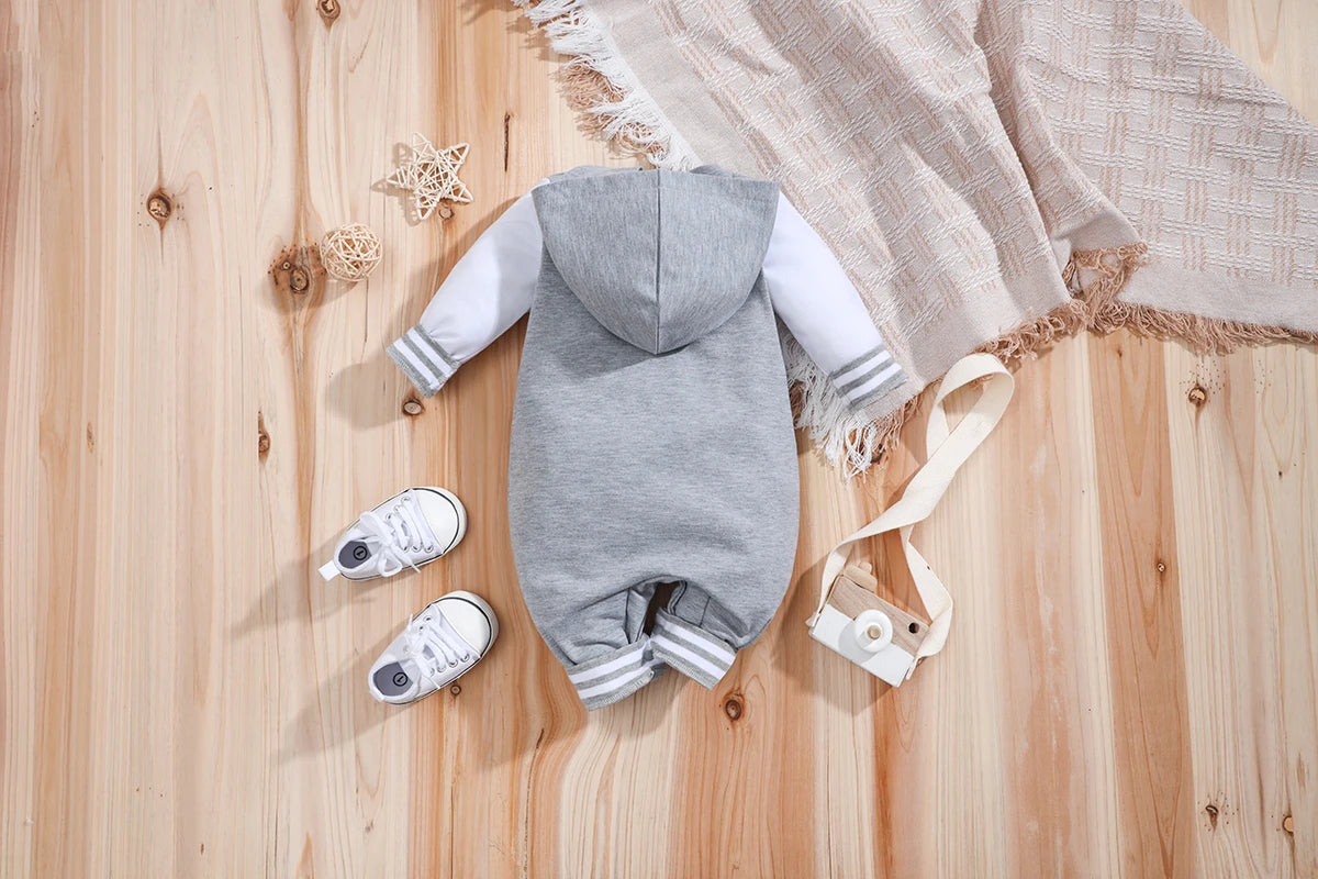 IURNXB Newborn Baby Romper Boys Girls Long Sleeve Colorblock Infant Hooded Outfit Clothes Button Jumpsuits Winter Fall 0-18M