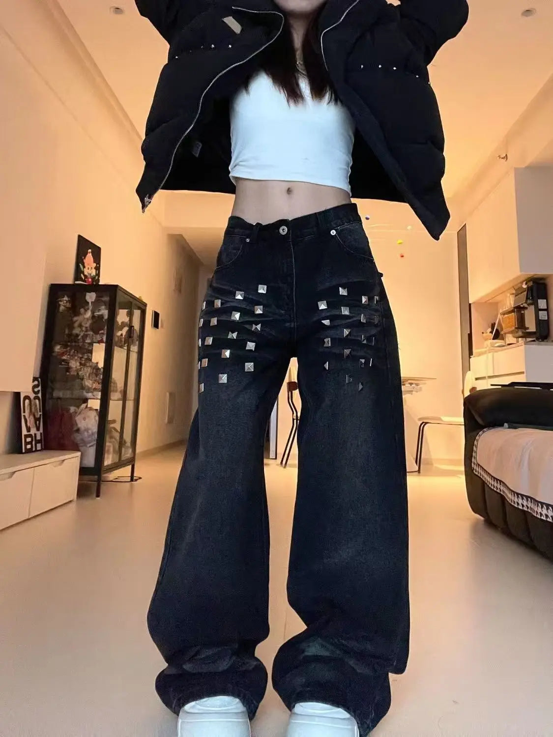 American Retro Washed Rivet Wide Leg Jeans Women Autumn and Winter New Loose Casual Slim Straight Pants