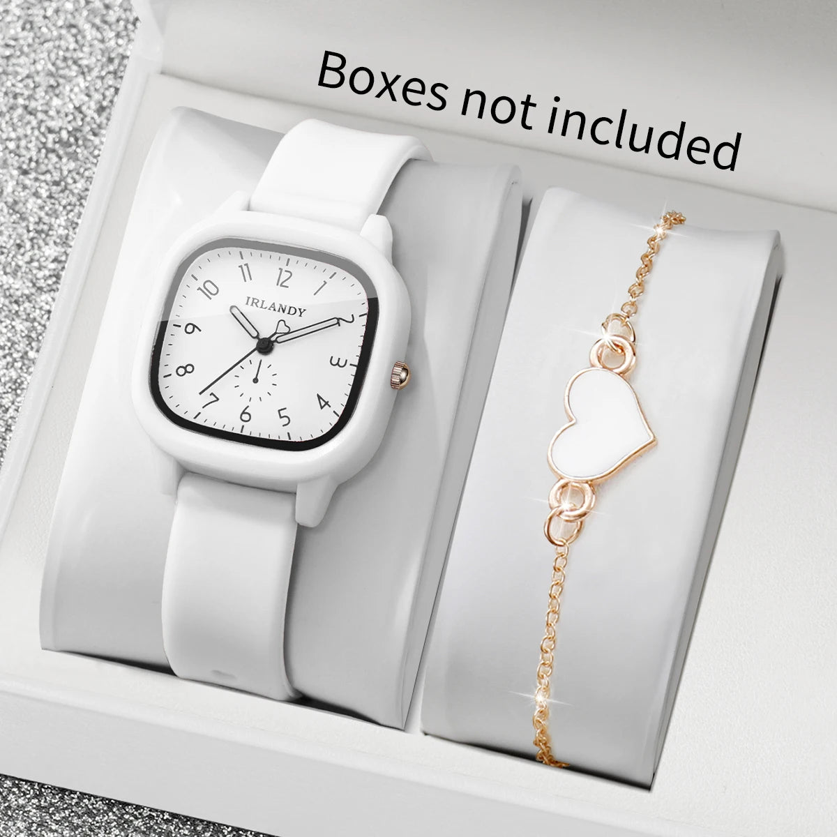 2PCS Fashion Arabic Dial Women Quartz Watch Heart Bracelet Set Square Silicone Strap Wristwatches Reloj Mujer (Without Box)