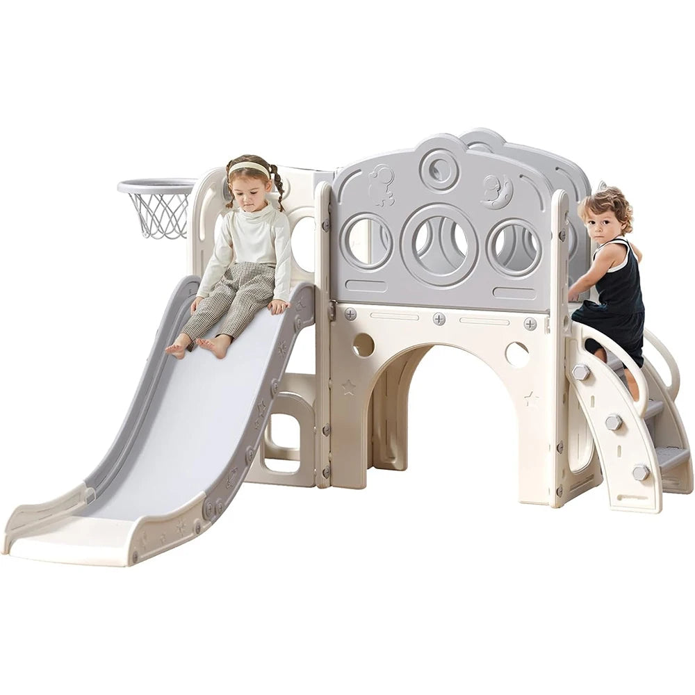 Children's slide, multifunctional Toddler Slide With Playpen, Storage Space and Non-slip Steps, Indoor & Outdoor Pla(Gray White)