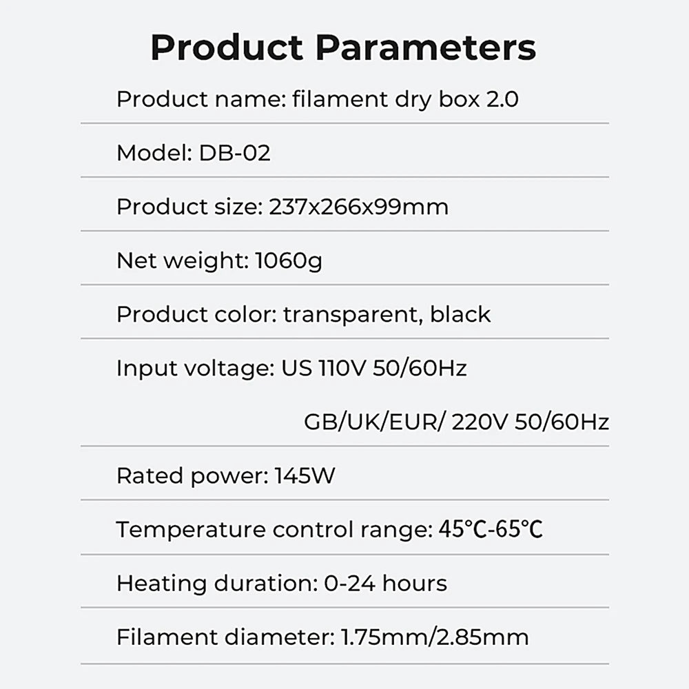 Creality Filament Dryer Box 2.0 360° Hot-air Heating 1.75mm / 2.85mm Filaments Support 24 Hours Timer Real-time Humidity
