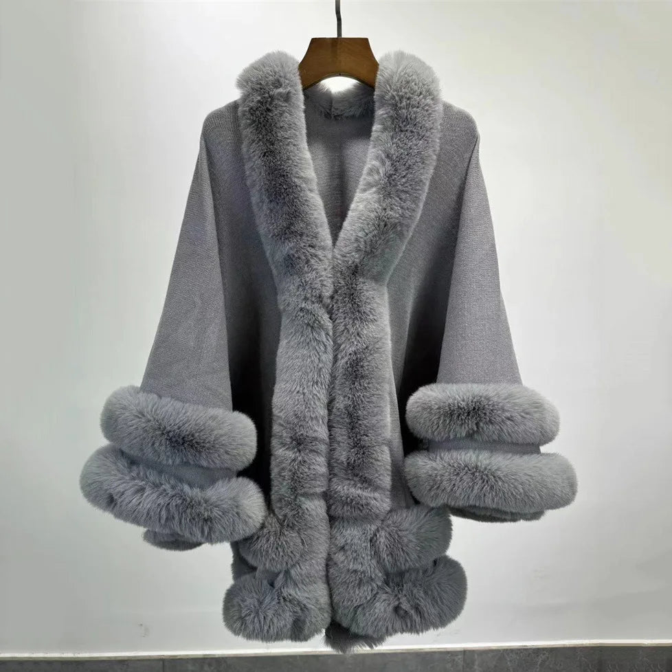 2024 Women 2 Circle Wraps Long Faux Rabbit Fur Cape Poncho Winter Loose Thick Warm Shawl Outerwear Knitted Cloak Overcoat