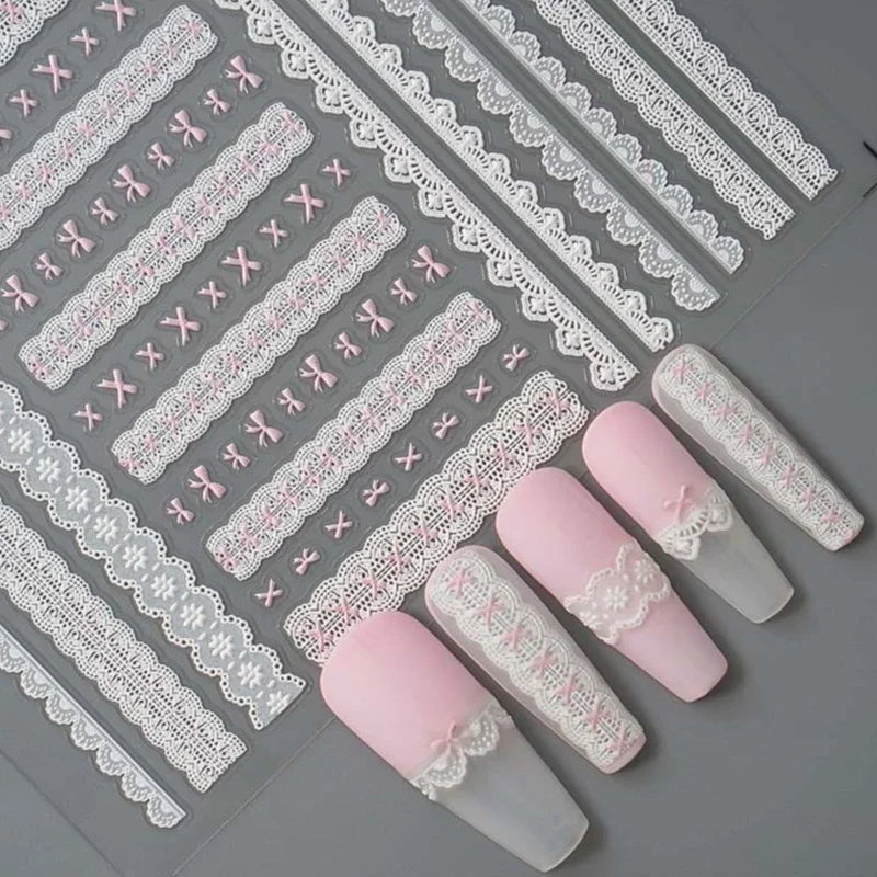 Japanese Bowknot Lace Heart Nail Stickers Self Adhesive Sweet Cool Pink Black Lace Nail Decals Cool Girls Manicure Decorations