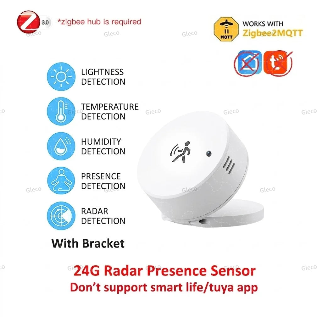 Zigbee 24G MMWave Human Presence Sensor Microwave Radar Occupancy Motion Detector Smart Home Works with Zigbee2MQTT TUYA APP
