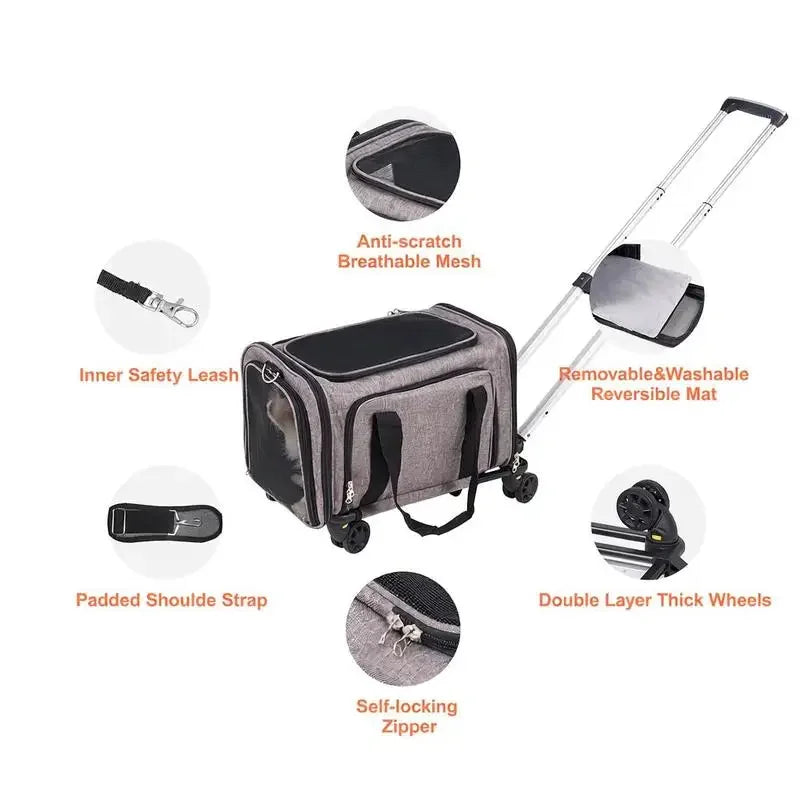 11.3kg Capacity - Foldable Pet Trolley Backpack - 600D Oxford Fabric - 4 Wheels & Storage Pockets - Ideal for Travel, Outings, Park, Shopping, Visiting - Portable Dog Cart