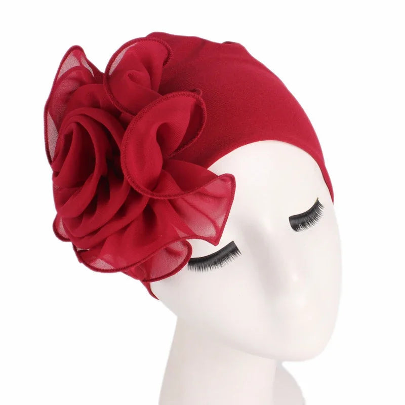 Fashion Women Big Flower Turban Hat Solid Color Elastic Cloth Head Cap Muslim Head Wraps Caps Lady Bandana Hair Accessories
