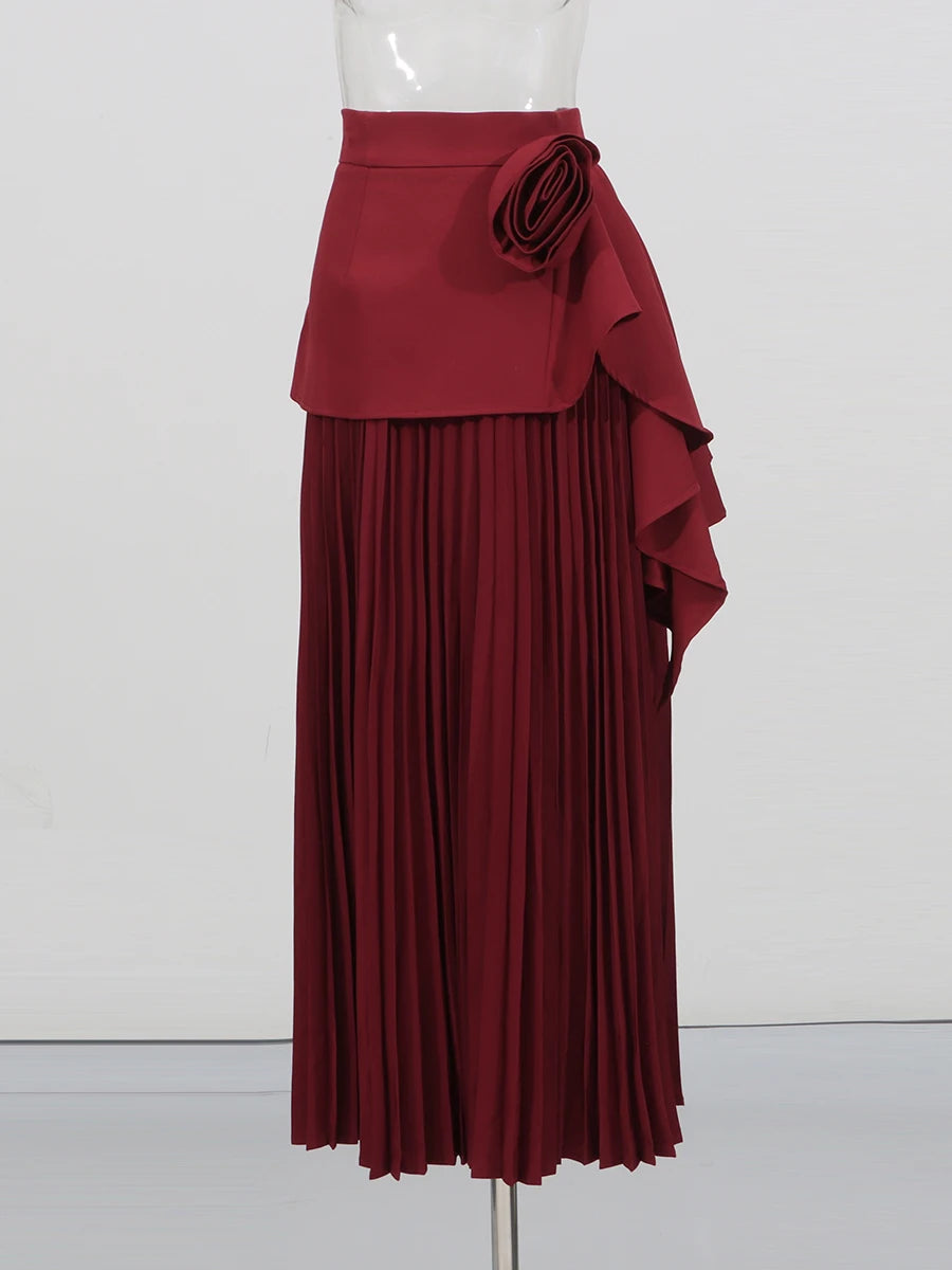CHICEVER Elegant Spliced Asymmetrical Ruffles Skirts for Women High Waist Patchwork Appliques Pleated Long Skirt Female Spring