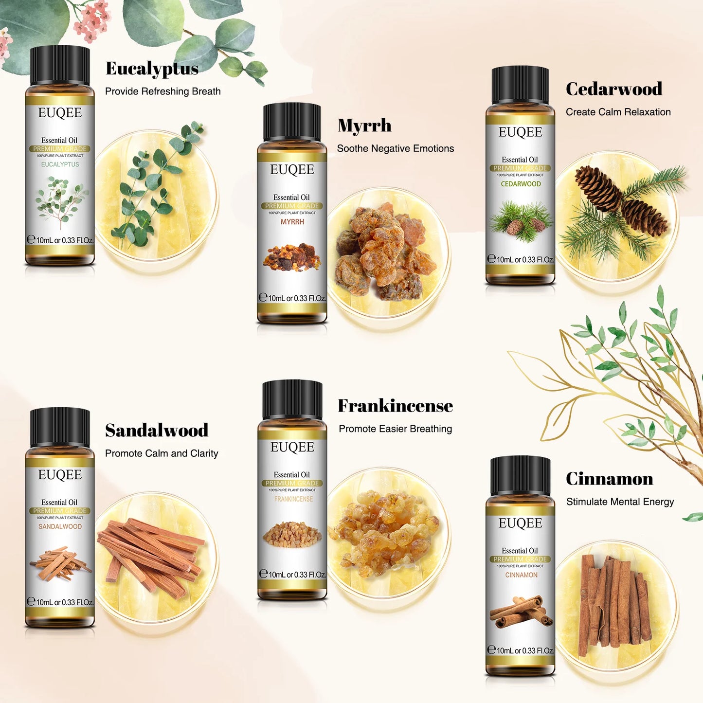 EUQEE Floral Essential Oils Set Of 6 Bottles For Diffuser,Candle Making-Rose Lavender Ylang Ylang Jasmine Geranium Chamomile