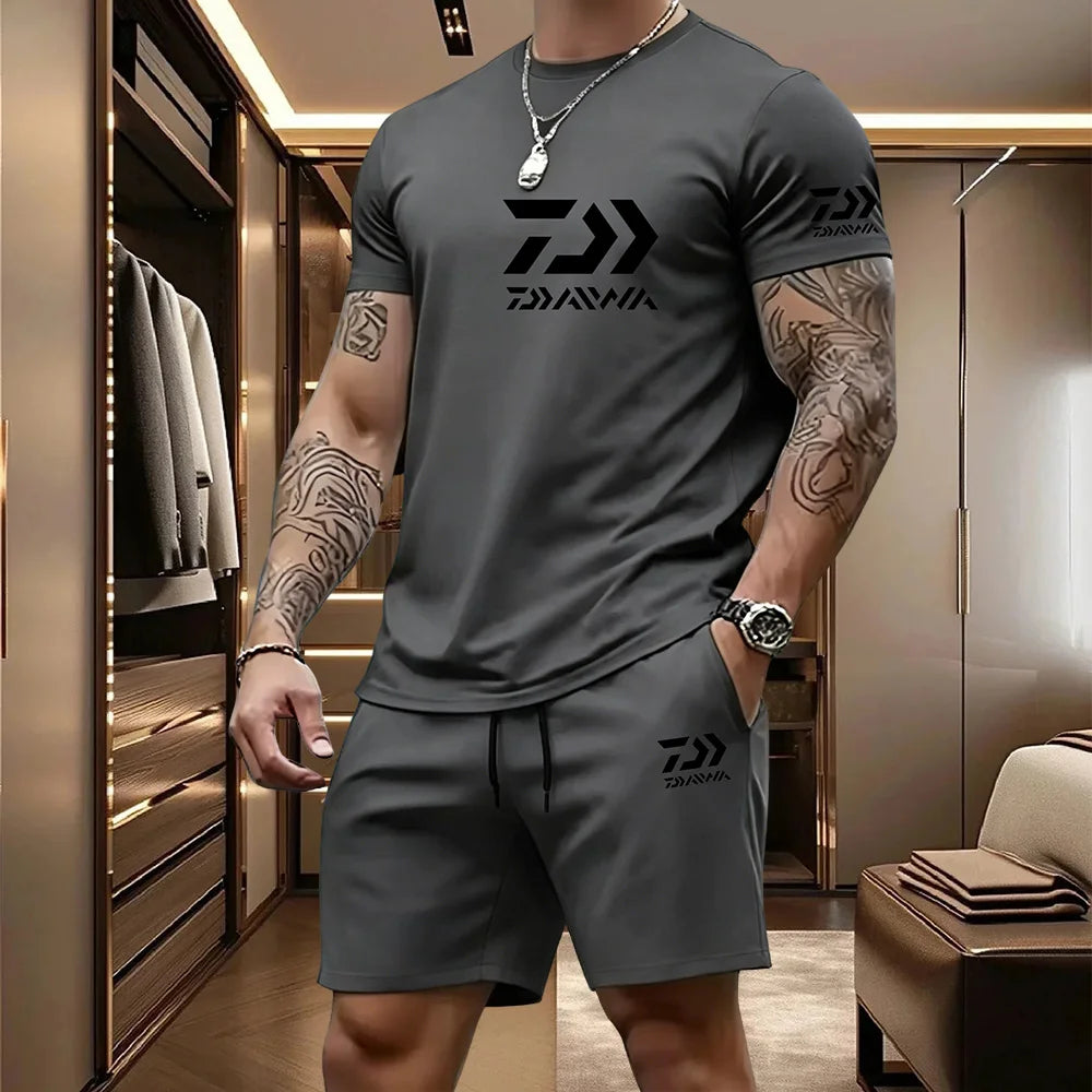 2026 Summer Men's Short Sleeved T-shirt Drawstring Shorts Set Breathable Outdoor Sports Set Men's Daily Fishing Suit