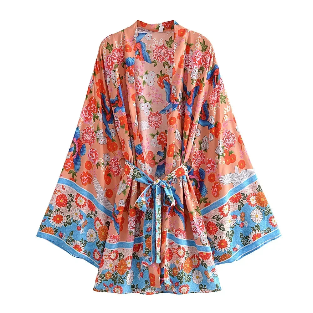 Boho Queens Vintage Peacock Floral Print Sashes Beach Kimono Women Bohemian Wrap Batwing Sleeves Holiday Bikini Cover-ups