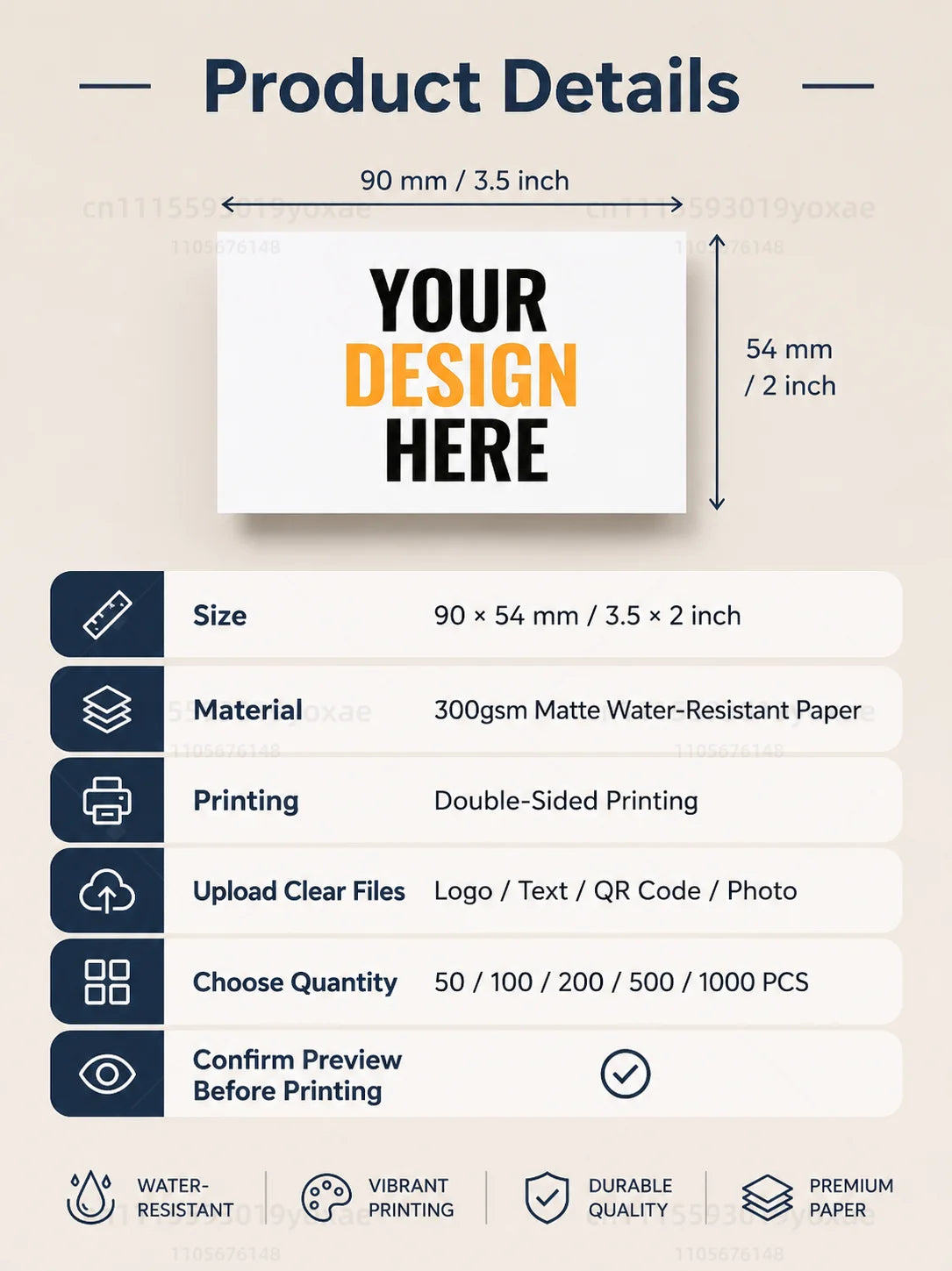 Custom Logo Business Cards 300gsm Matte Water-Resistant Paper Double-Sided Printing Text QR Code Photo 90x54mm 50-1000Pcs Set