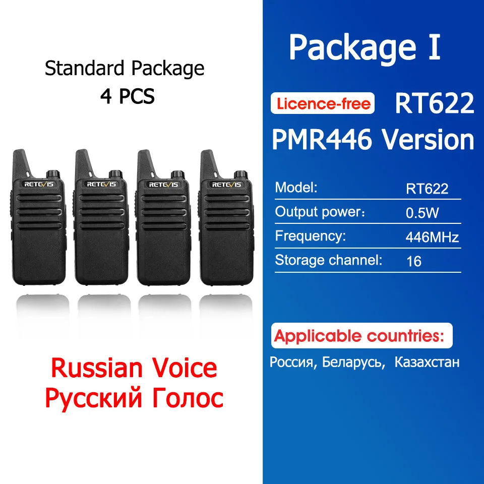 Retevis RT622 Mini Walkie Talkie 4 Pcs Walkie-talkies PMR446 FRS Portable Two Way Radio Communication Radio for Restaurant Hotel