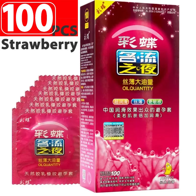 100PCS Large Oil Condoms for Men Sleeve for Penis Strawberry Sex Toys for Couple