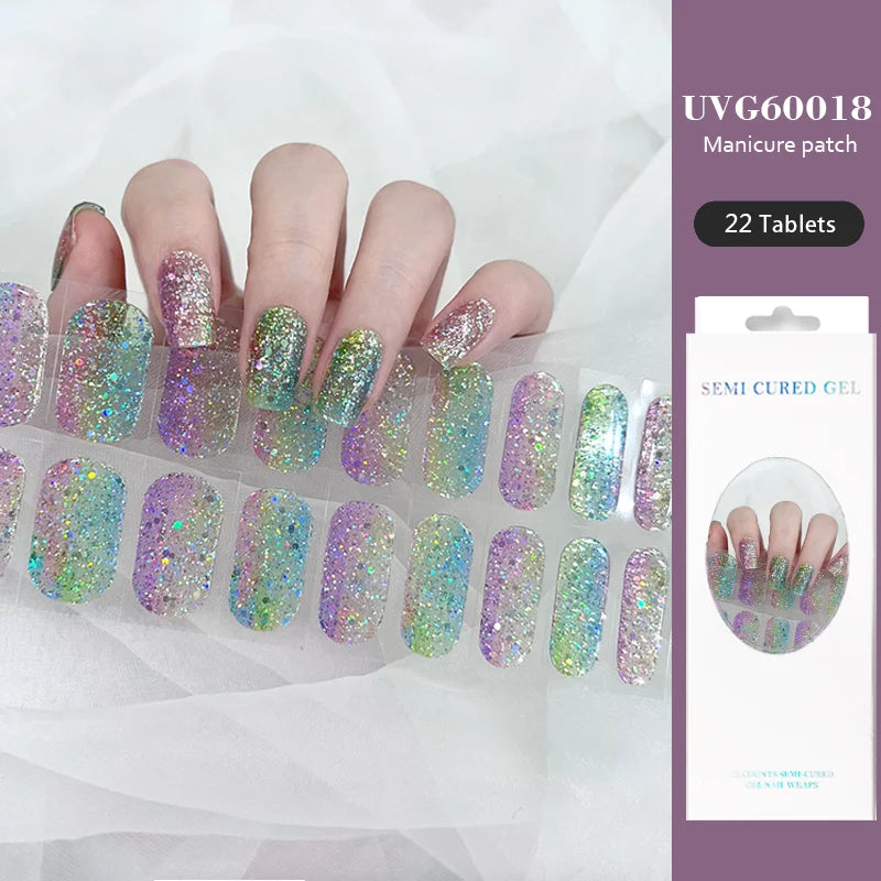 16/22 Tips Semi Cured Gel Nail Stickers for UV Lamp Designer Adhesive Nail Gel Wraps DIY Long-lasting Nail Decoration