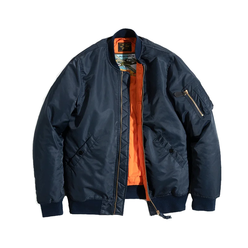 Maden Vintage MA1 Pilot Jacket Green Thickened Cotton-padded Jacket Casual Baseball Pockets Flight Zipper Outwear for Men's Fall