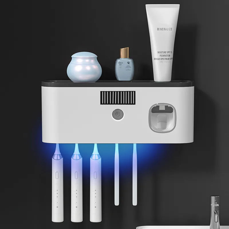 Household 3 in 1 UV Light Electric Toothbrush Sanitizer Wall Mounted Toothbrush Holder With Toothpaste Dispenser Combination