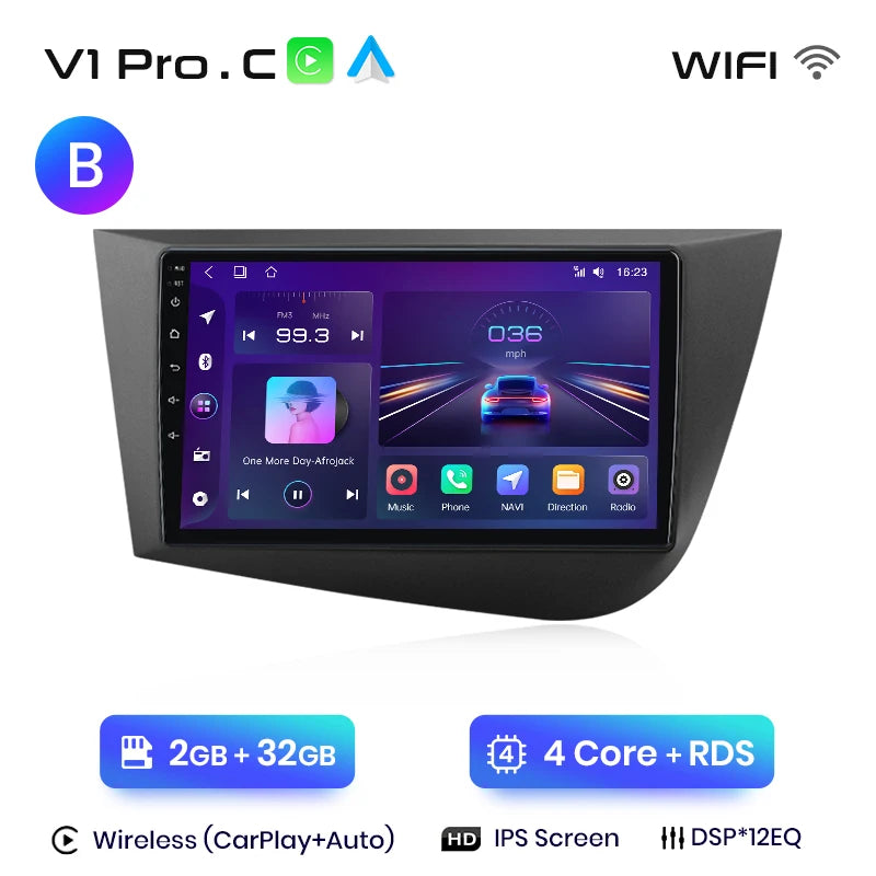 Junsun Wireless CarPlay Android Auto Car Radio for Seat Leon MK2 2005 2006 2007 2008 -2012 2 DIN Multimedia Stereo with Built-in Cooling Fan GPS Navigation SWC Bluetooth FM RDS DSP IPS Screen Car Intelligent Systems 4G WiFi 8