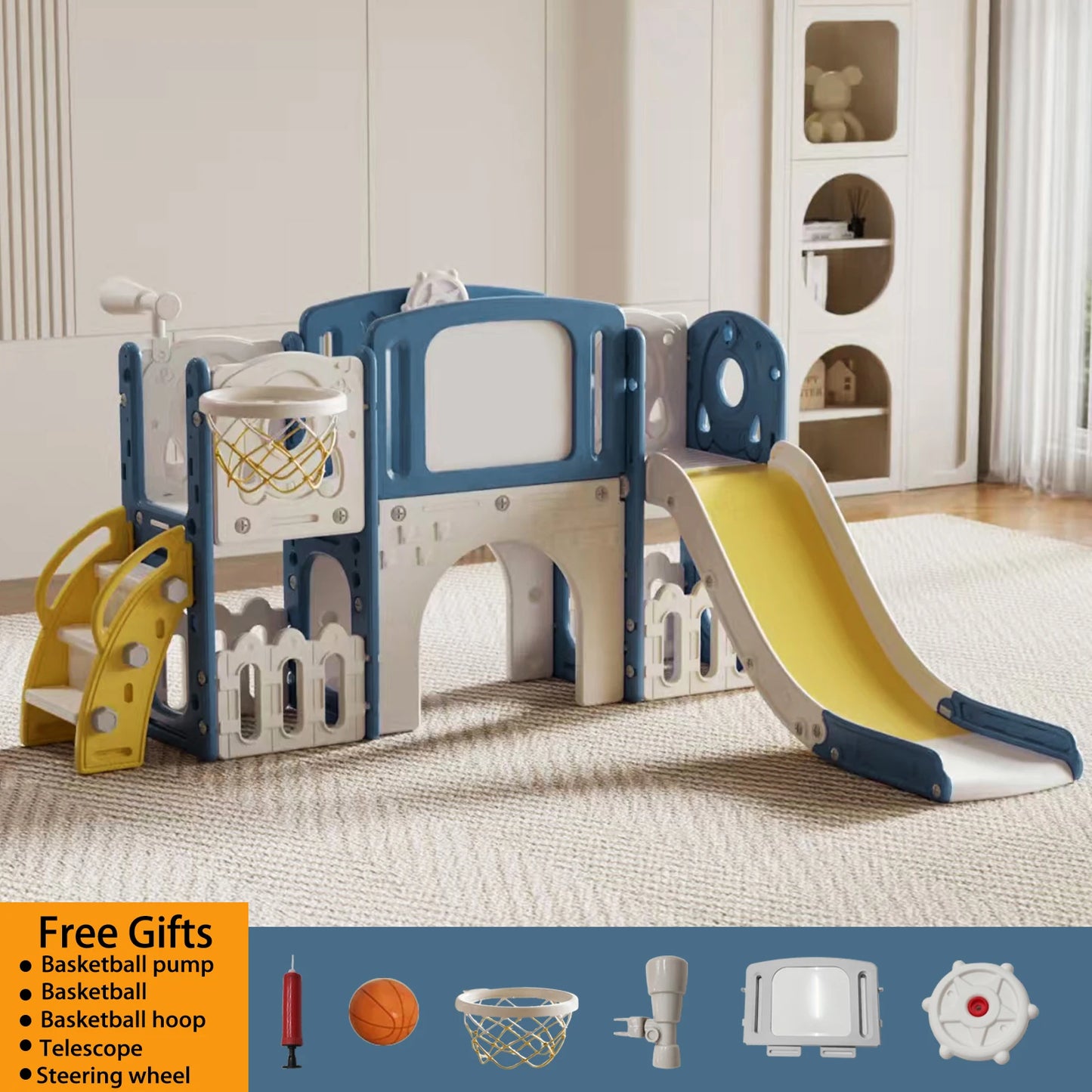 Multifunctional Kids Slide with Basketball Hoop and Drawing Board, Indoor Playground Set for Toddlers, Climbing Ladder, Creative Activity Center, Freely Assemble Design, Safe Play Equipment for Children Boys Girls