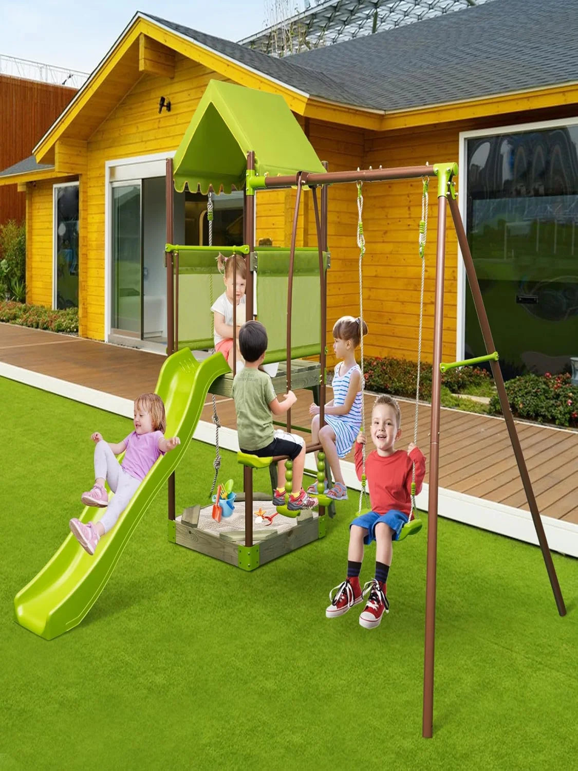 Play Tower, Climbing Frame with Swing, Slide, Climbing Rope, Glider Seats, Ladder and Sandpit, Outdoor Children's Climbing Tower