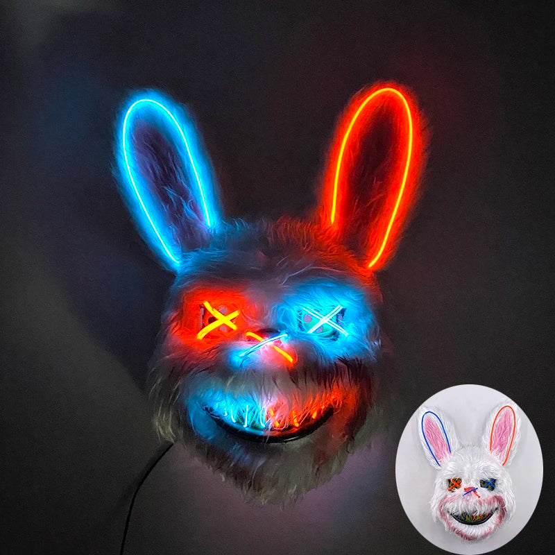 LED Bloody Rabbit Mask Glowing Killer Black Bear Mask Halloween Dance Party Cosplay Costume Props Assassinated Plush Rabbit Mask
