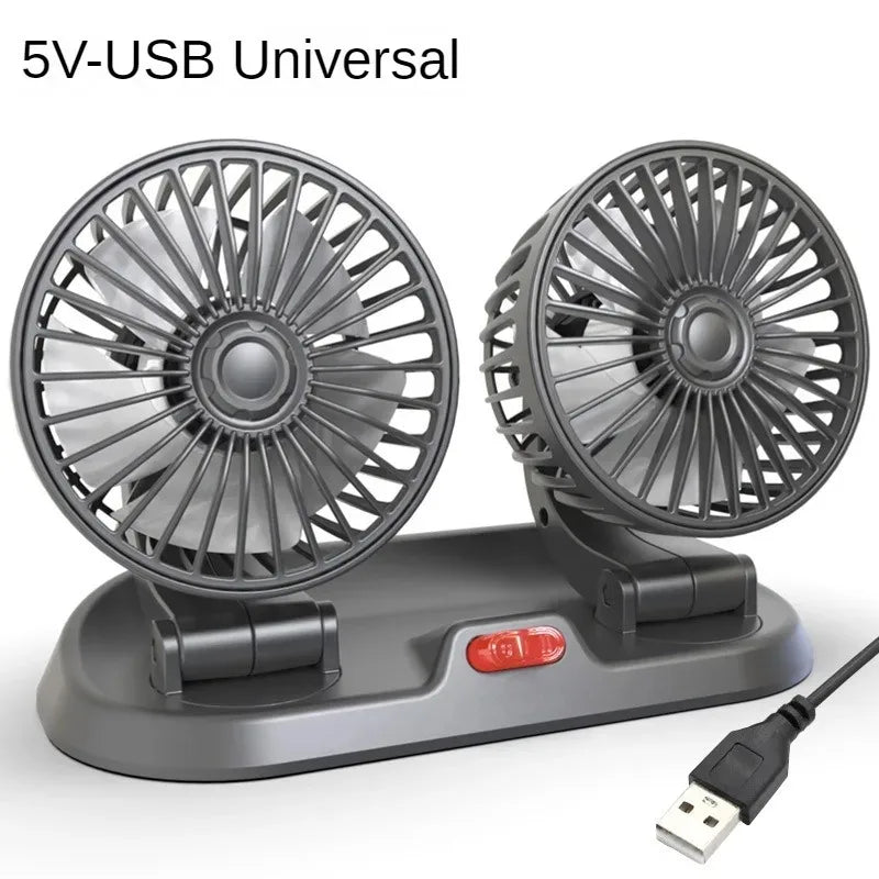 EAFC 5V 12V Car Fan Dual Head Air Cooling Fan 360° Adjustable USB Mini Protable Auto Air Fan Low Noise Car Accessories