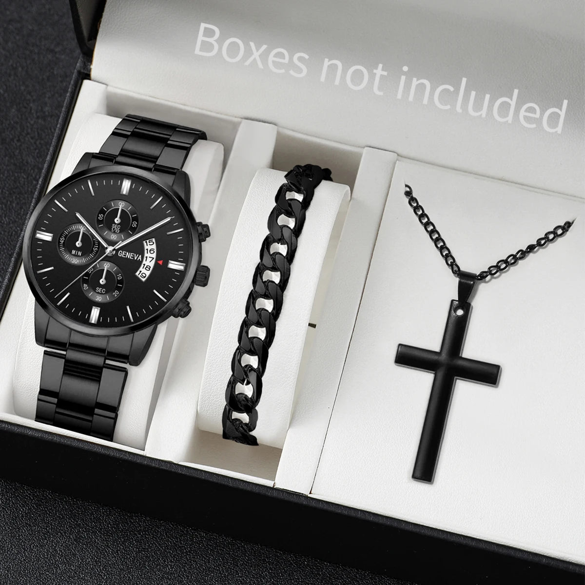 3PCS/Set Fashion Men's Stainless Steel Band Watch Casual Calendar Quartz Watch Jewelry Set(Without Box)