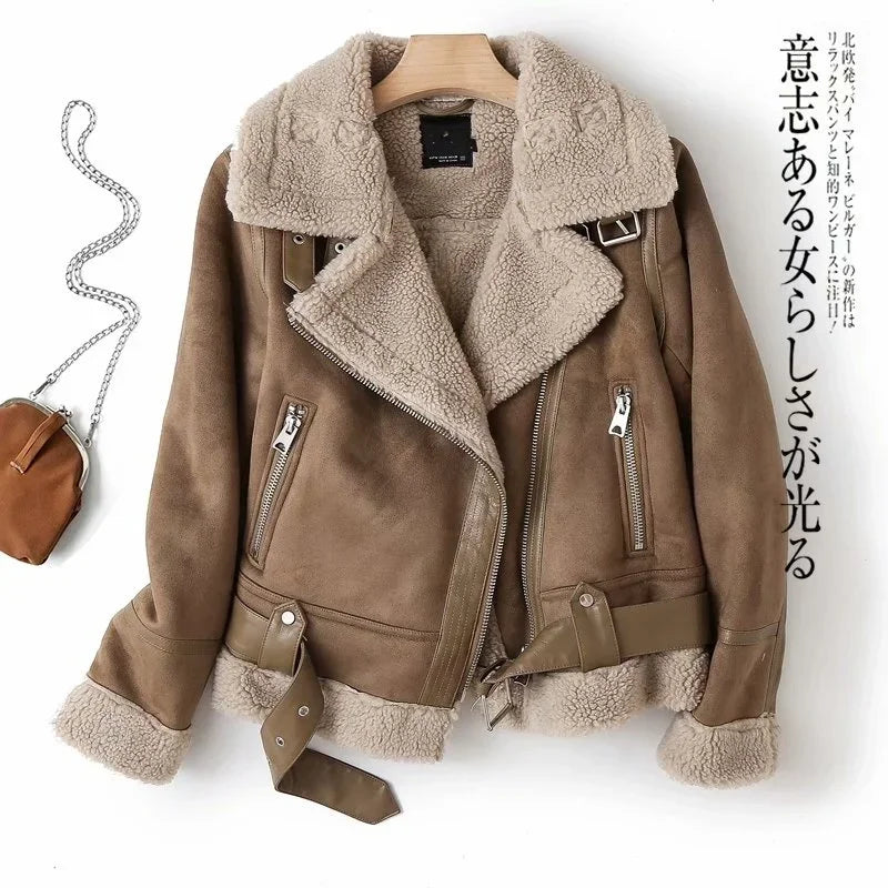 Winter Faux Shearling Sheepskin Fake Leather Jackets Lady Thick Warm Suede Lambs Motorcycle Brown Coats Mujer Chaqueta A407