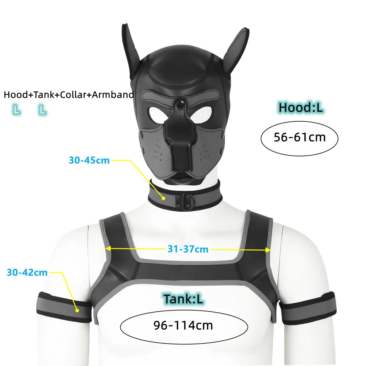 XL Large Size Puppy Cosplay Neoprene Fetish Hood Mask Kit with Chest Strap Collar Armband Sex Costumes for Bdsm Slave Role Play