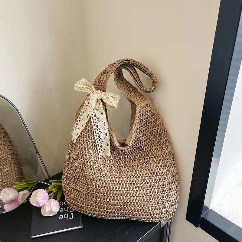 Homefish Women Woven Rattan Straw Tote Bag Large Capacity Summer Beach Shoulder Handbag Casual Ladies Travel Crossbody Purses