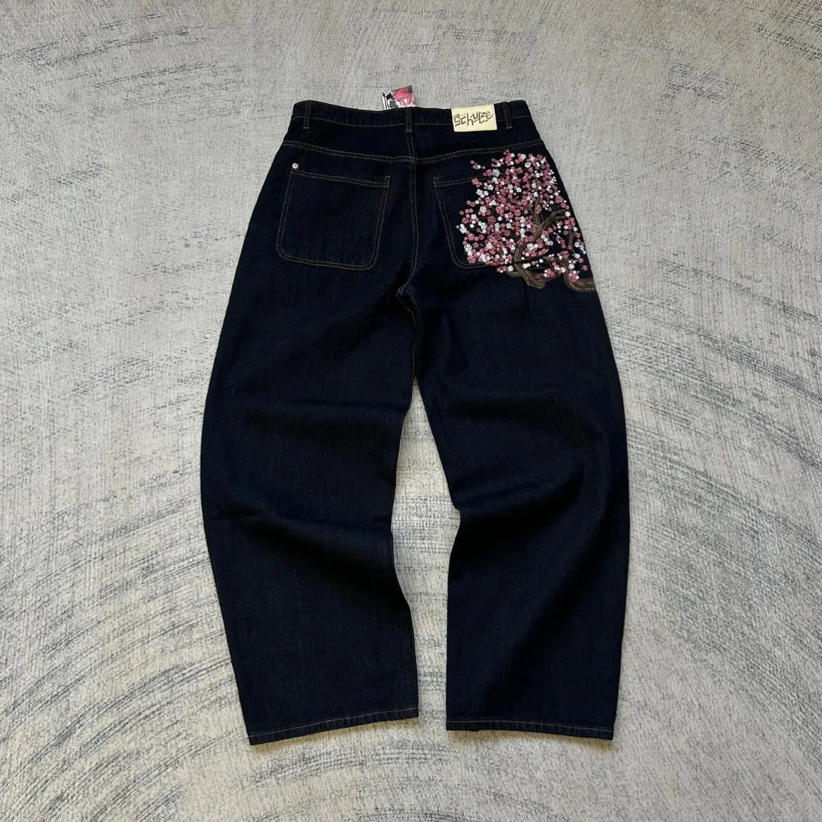 Vintage Low Waist Hip Hop Cherry Blossom Embroidered Jeans Wide Leg Trousers Y2K Clothes Mens Womes Embroidered Baggy Jeans