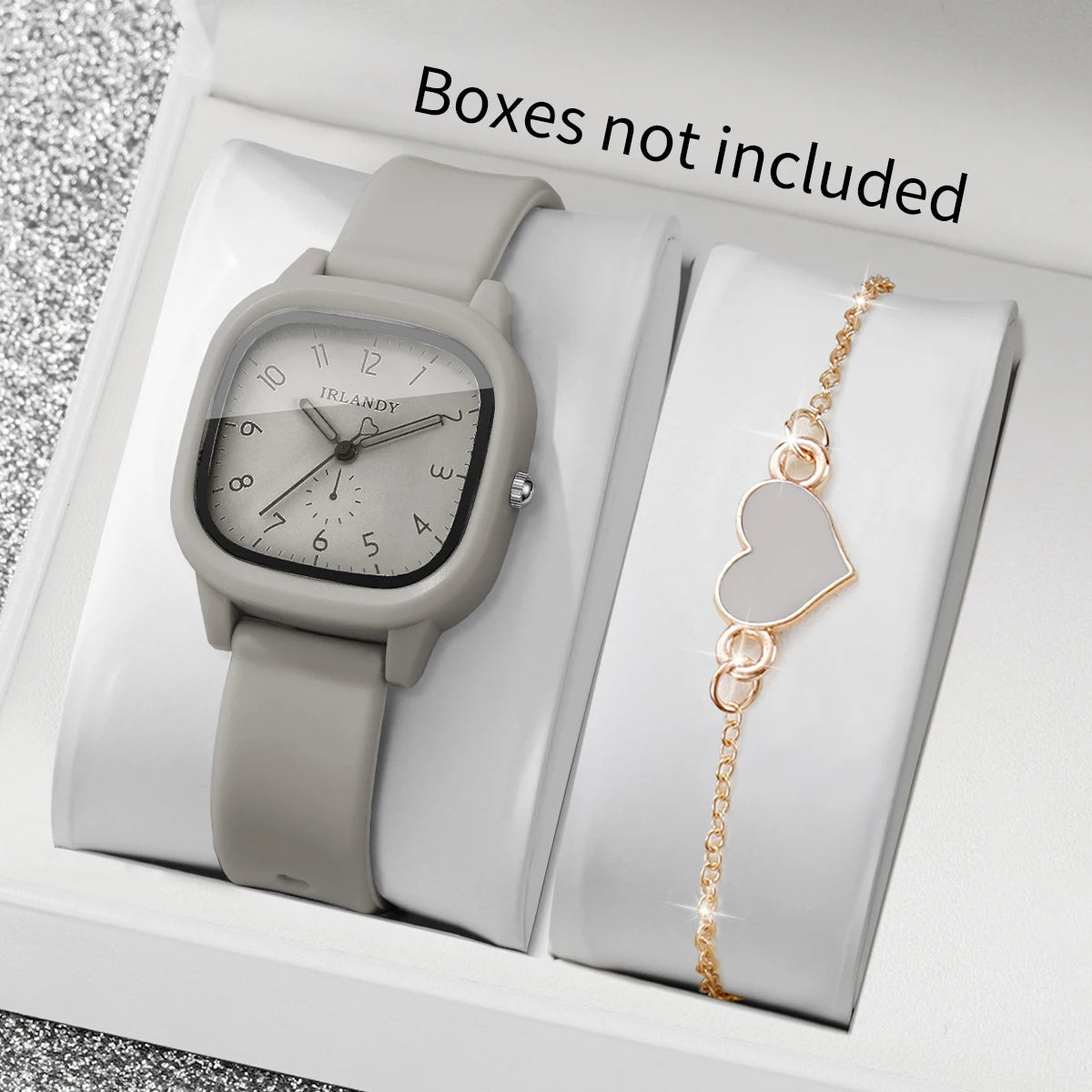 2PCS Fashion Arabic Dial Women Quartz Watch Heart Bracelet Set Square Silicone Strap Wristwatches Reloj Mujer (Without Box)