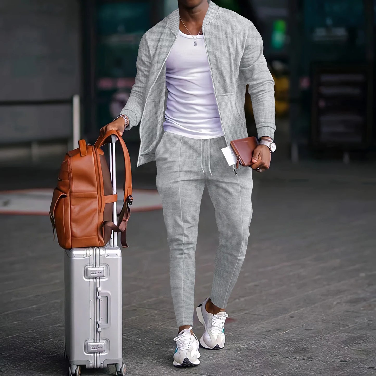 Autumn Winter Men's Casual Blazer Set New Fashion Waffle Baseball Suit Round Neck Pocket Zipper Long Sleeve Trousers Two-Piece S