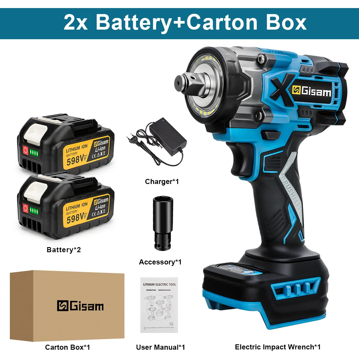Gisam 900N.M Brushless Electric Impact Wrench 1/2" Cordless High Torque Wrench Drill Screwdrivers Tools For Makita Battery Pin