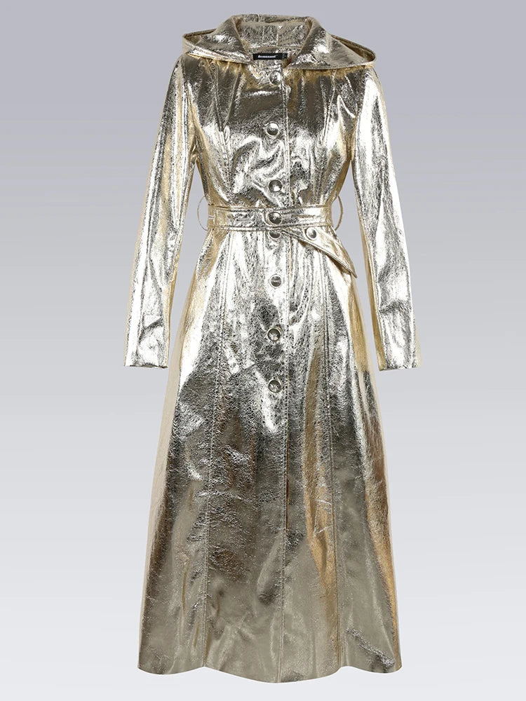 Lautaro Spring Autumn Extra Long Cool Silver Shiny Reflective Pu Leather Trench Coat for Women with Hood Luxury Runway Fashion