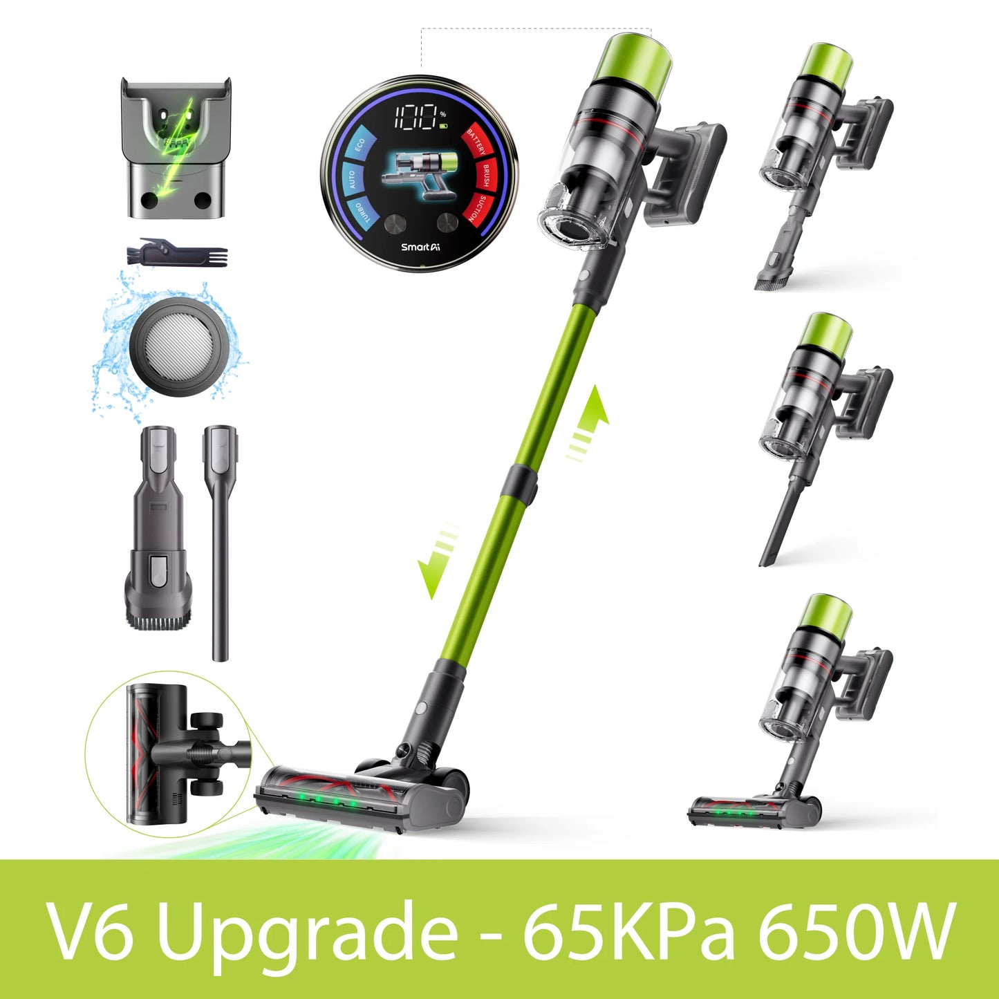 SmartAI V6 80Mins Cordless Vacuum Cleaner 65KPA 650W Powerful Suction Vacuum, 24000mAh Big Battery Vacuum Cleaner
