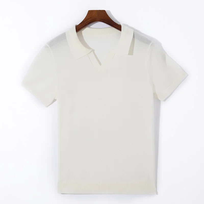 Spring and summer new 100% pure wool business casual knitting technology men's breathable soft lapel Polo short sleeve T-shirt.