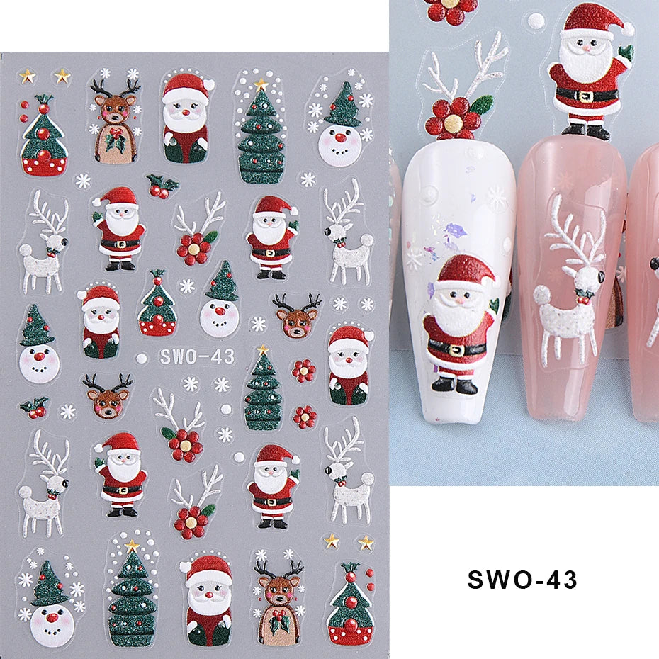 5D Embossed Christmas Nail Stickers Gingerbread Man Snowflake Snowman Penguin Nail Decal Autumn Winter Nail Supplies Decoration