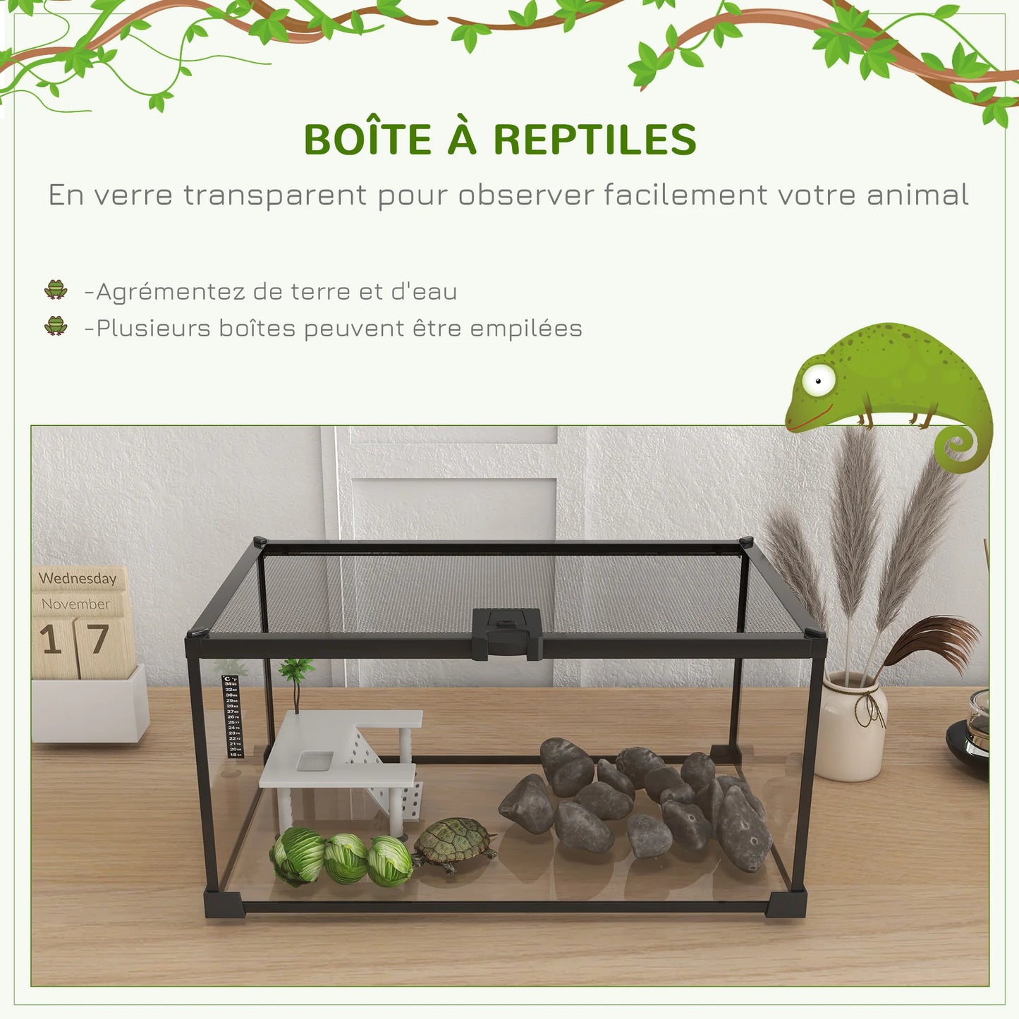 Reptile box, reptile breeding box, transparent terrarium habitat, sliding lid, metal trellis