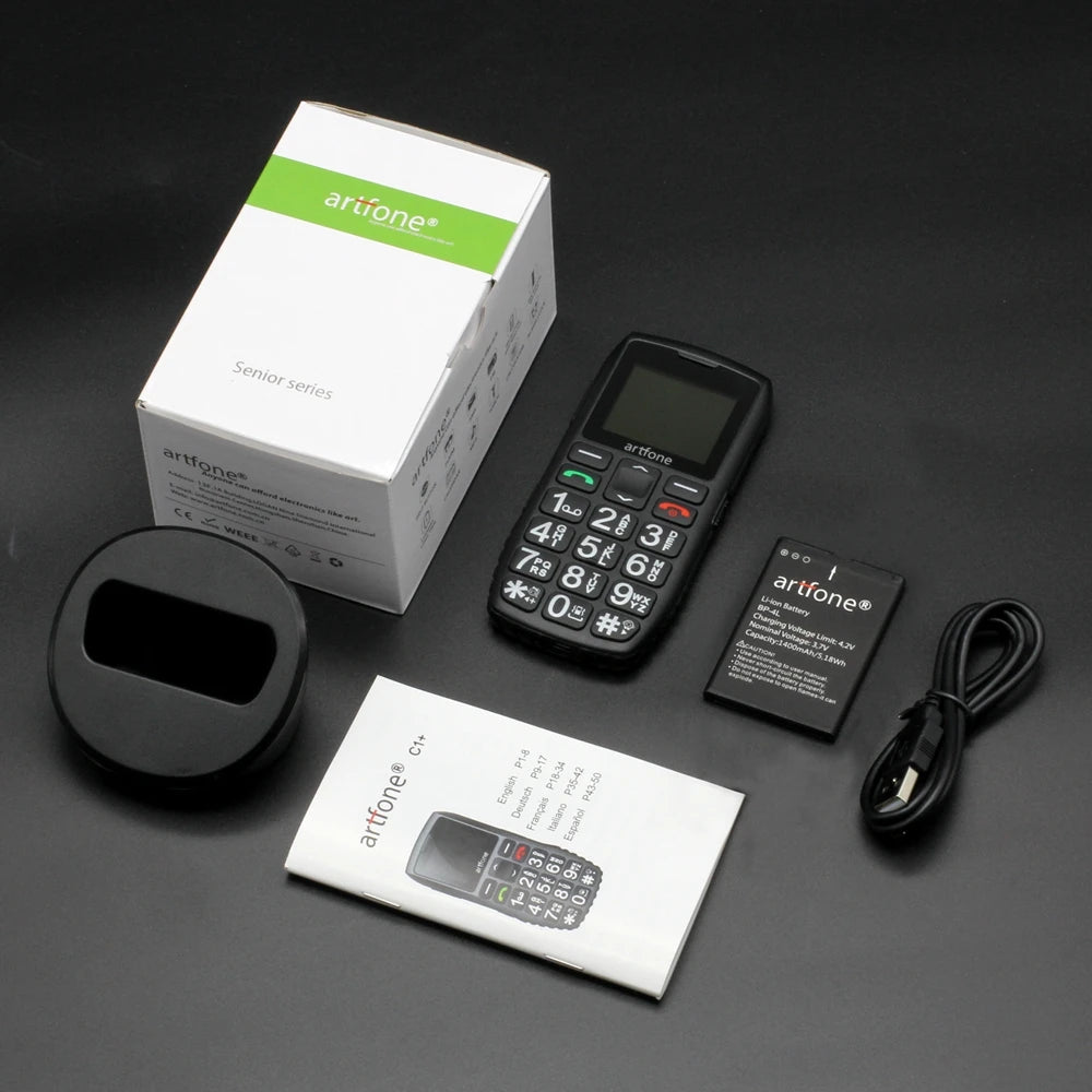 Artfone C1+ Bar Senior Mobile Phone With Free Charging Dock Big Rubber Keypad For Elderly Dual Sim One Key SOS FM 1400mAh