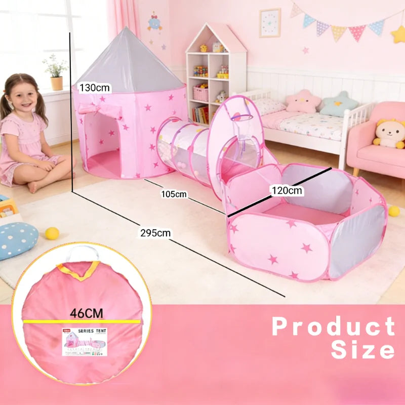 Pink Kids Tent with Tunnel & Ball Pit, Princess Play Tent for Girls, Indoor Outdoor Baby Ball Pit Playhouse with Basketball Hoop