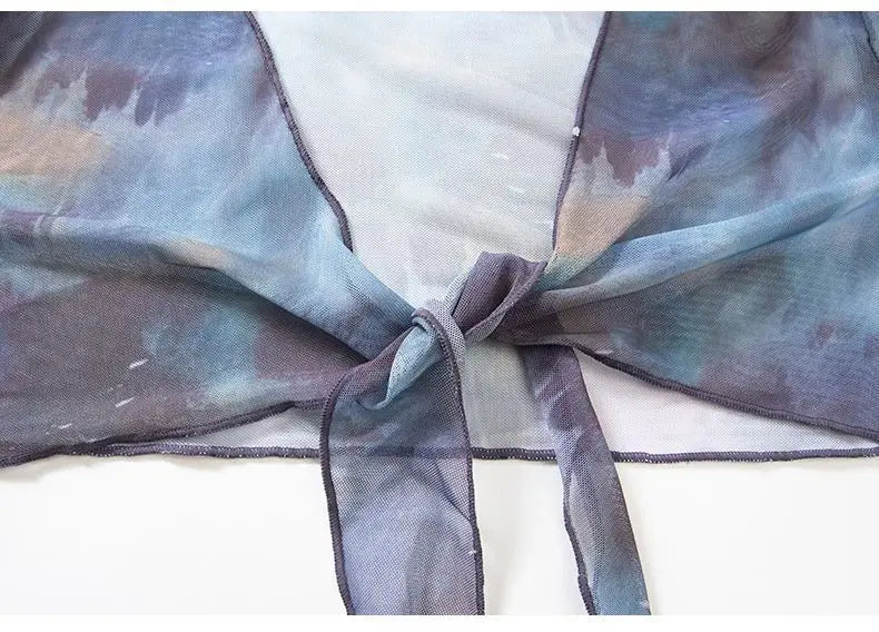 sexy Korean fashion tie dye print swimsuit 4pcs autumn long flare sleeve cover top with long split skirt bikinis padded swimwear