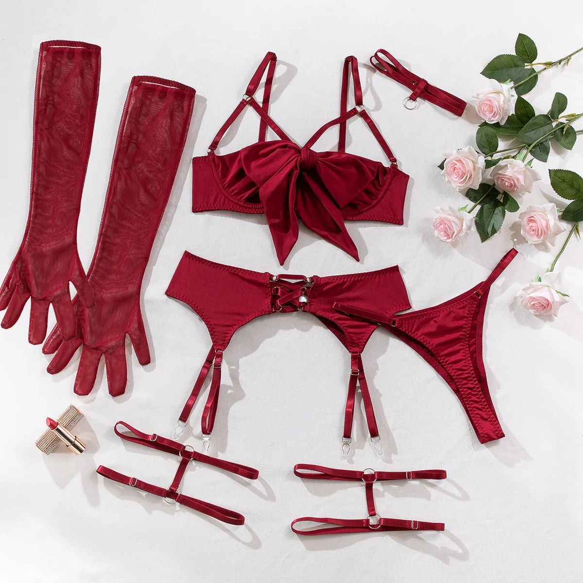 sexy lingerie set Bow bra Black Temptation Bra Set Belt Hollowed Out Gathering Four Piece underwear women Set Erotic Sleepwear