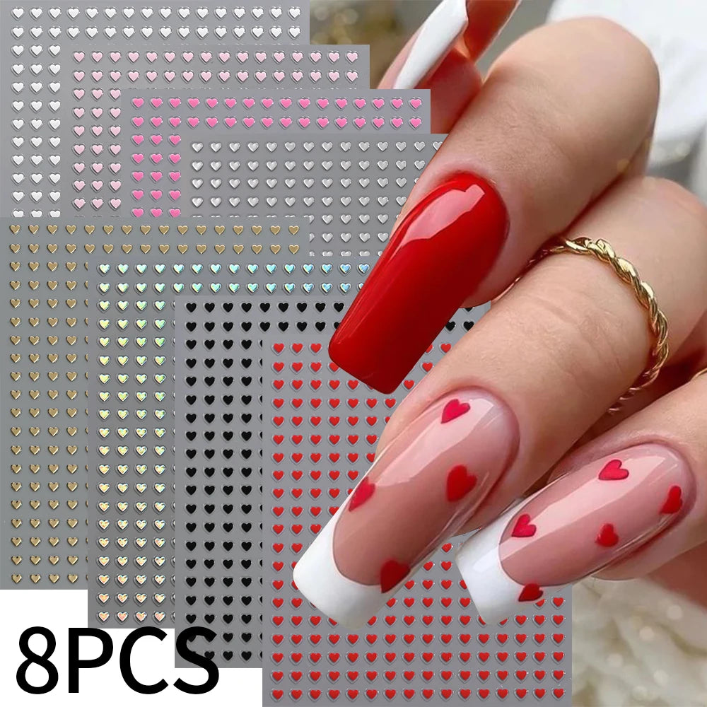 8pcs/set Mini Red Heart Valentines Nail Stickers Irregular Love Stripe Gold/Silver Nail Decals Sliders Laser Shiny Manicure Acce