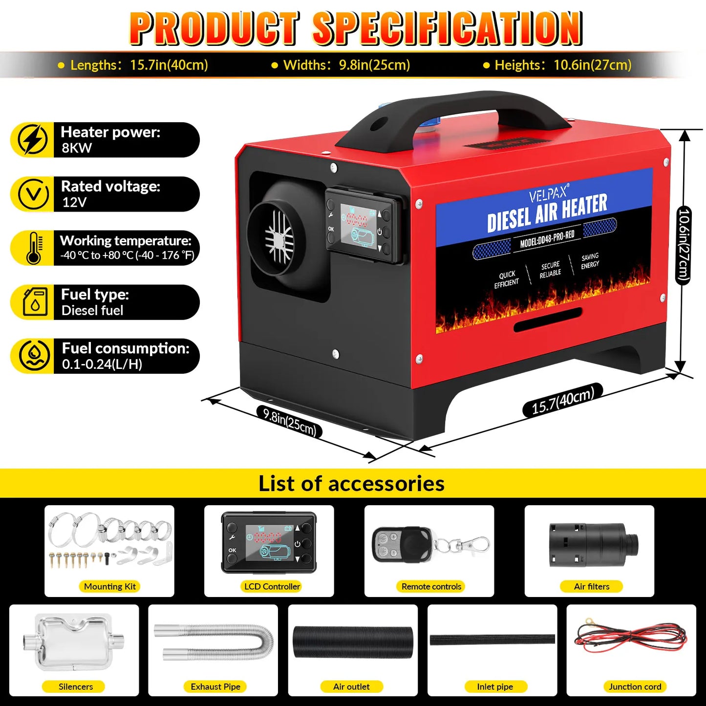 8 kW 12V All-in-One Portable Diesel Air Heater, 0.16–0.52 L/h, Diesel Air Heater 8–36 °C, Adjustable, 15–20 m², Smart LCD Control, 5 L Tank for Boats and Cars