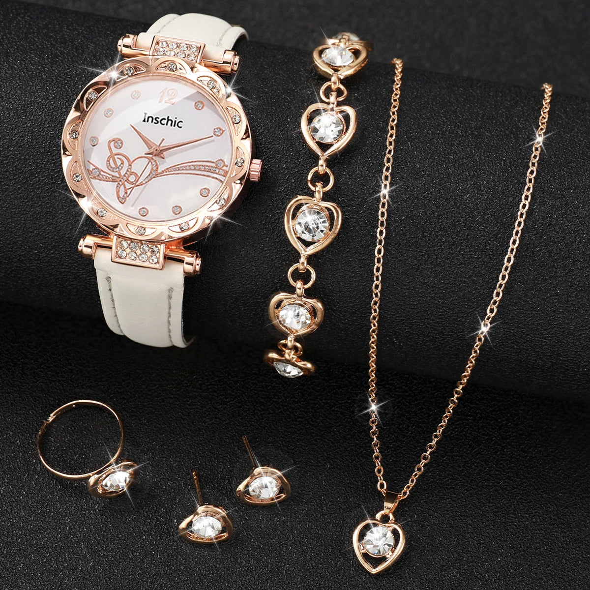 6PCS/Set Fashion Rhinestone Women's Watch Leather Band Analog Quartz Watches Rhinestone Heart Jewelry Set(Without Box)