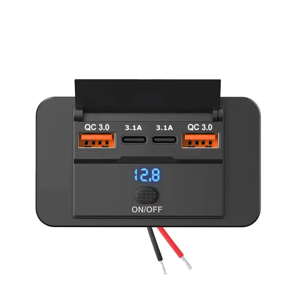 90W 3 Ports Dual PD Car Charger Socket with ON OFF Switch 18W QC3.0 Fast Charging for Motorbike Car Boat ATV UTV Camper Caravans